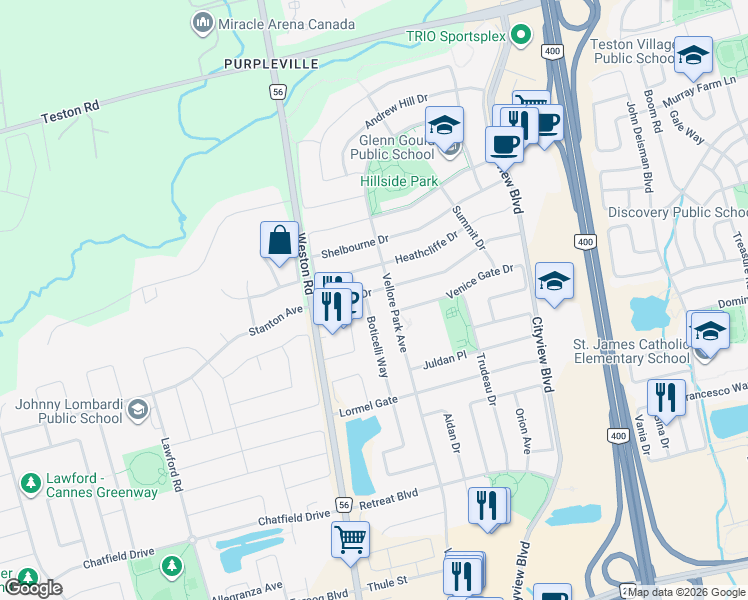 map of restaurants, bars, coffee shops, grocery stores, and more near 113 Boticelli Way in Vaughan