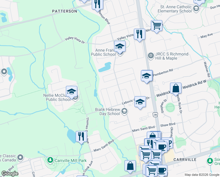 map of restaurants, bars, coffee shops, grocery stores, and more near 107 Rumsey Road in Vaughan