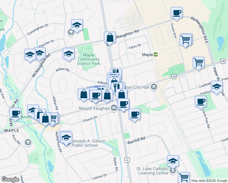 map of restaurants, bars, coffee shops, grocery stores, and more near 10038 Keele Street in Vaughan