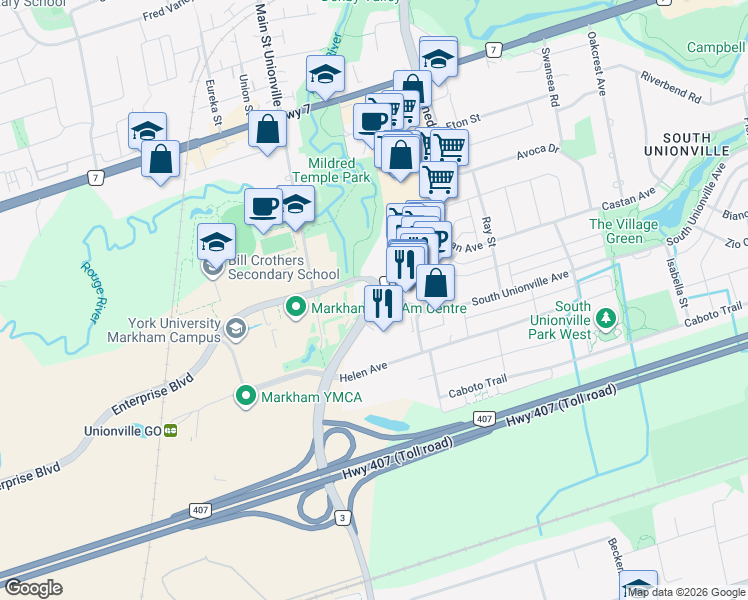 map of restaurants, bars, coffee shops, grocery stores, and more near 8232 Kennedy Road in Markham