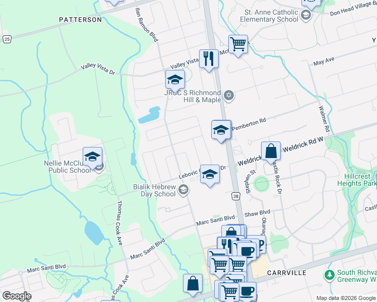 map of restaurants, bars, coffee shops, grocery stores, and more near 45 Gamla Road in Vaughan