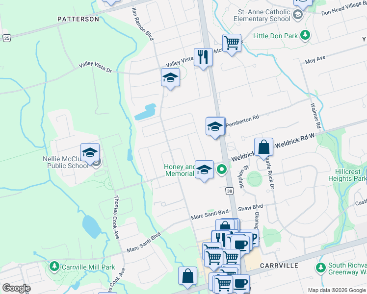 map of restaurants, bars, coffee shops, grocery stores, and more near 45 Gamla Road in Vaughan