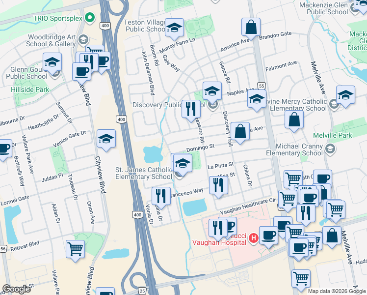map of restaurants, bars, coffee shops, grocery stores, and more near 106 Domingo Street in Vaughan