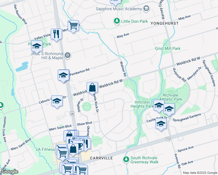 map of restaurants, bars, coffee shops, grocery stores, and more near 219 Weldrick Road West in Richmond Hill