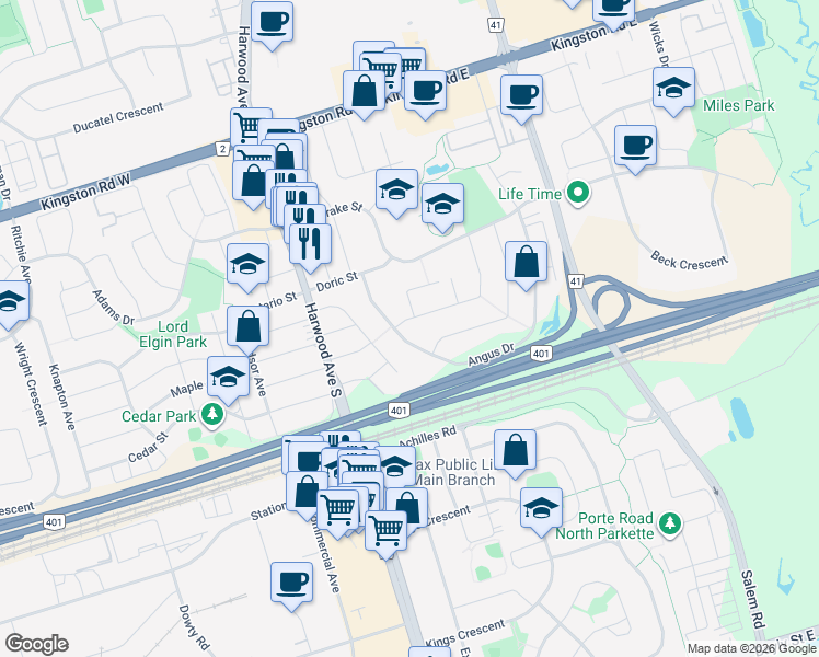 map of restaurants, bars, coffee shops, grocery stores, and more near 5 Dobson Drive in Ajax