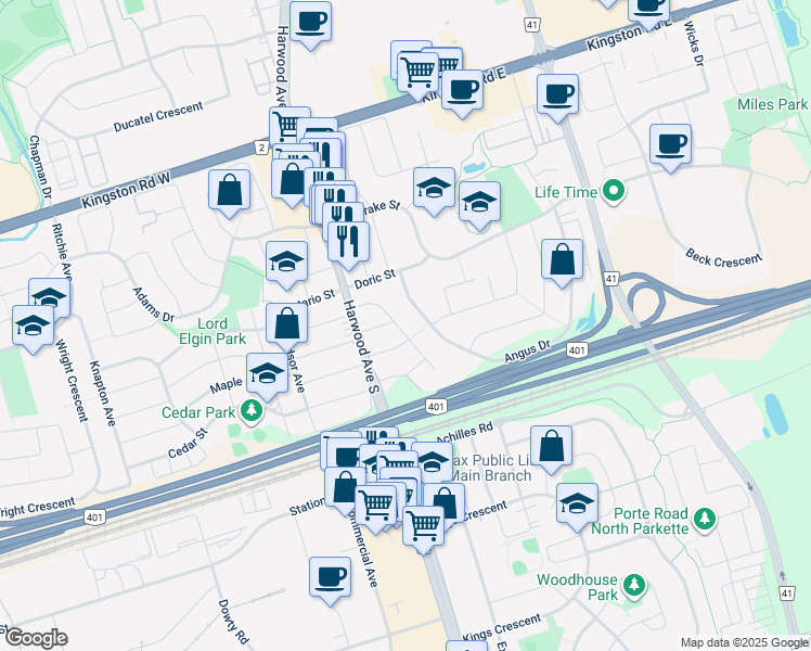 map of restaurants, bars, coffee shops, grocery stores, and more near 20 Oak Street in Ajax