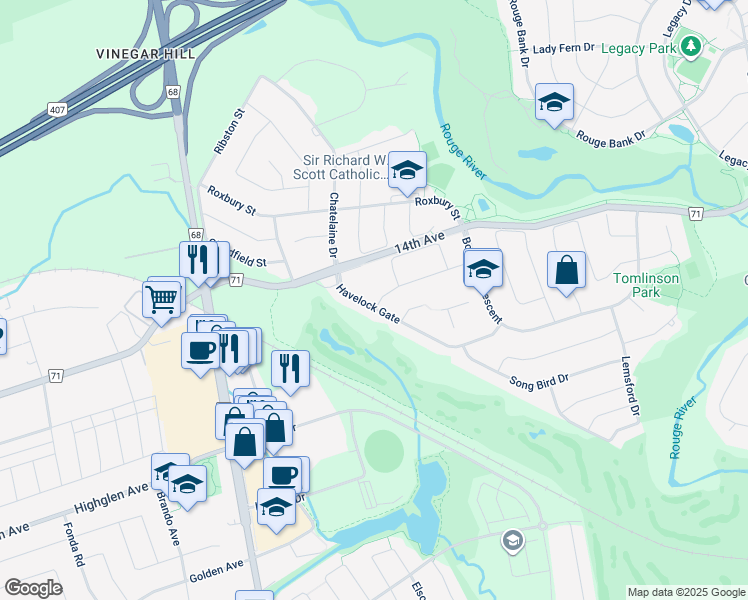 map of restaurants, bars, coffee shops, grocery stores, and more near 27 Havelock Gate in Markham