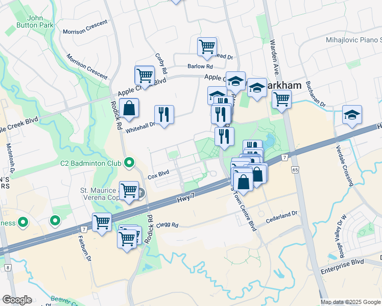 map of restaurants, bars, coffee shops, grocery stores, and more near 16 Cox Boulevard in Markham