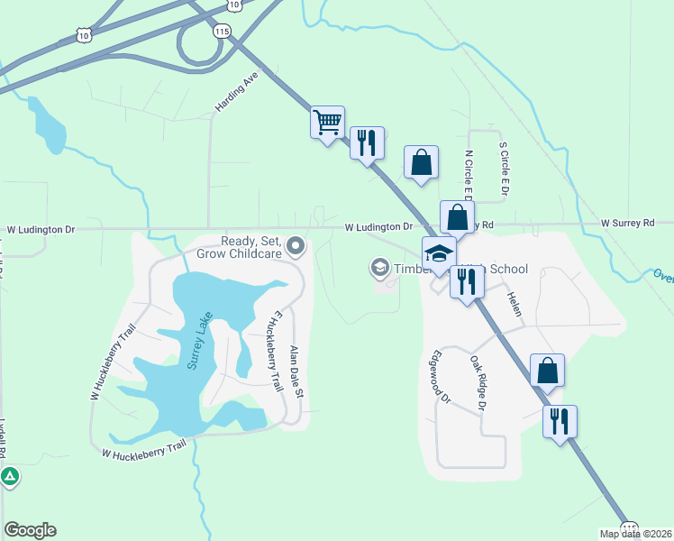 map of restaurants, bars, coffee shops, grocery stores, and more near East Huckleberry Trail in Farwell