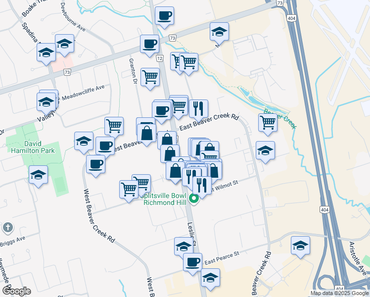 map of restaurants, bars, coffee shops, grocery stores, and more near 9133 Leslie Street in Richmond Hill