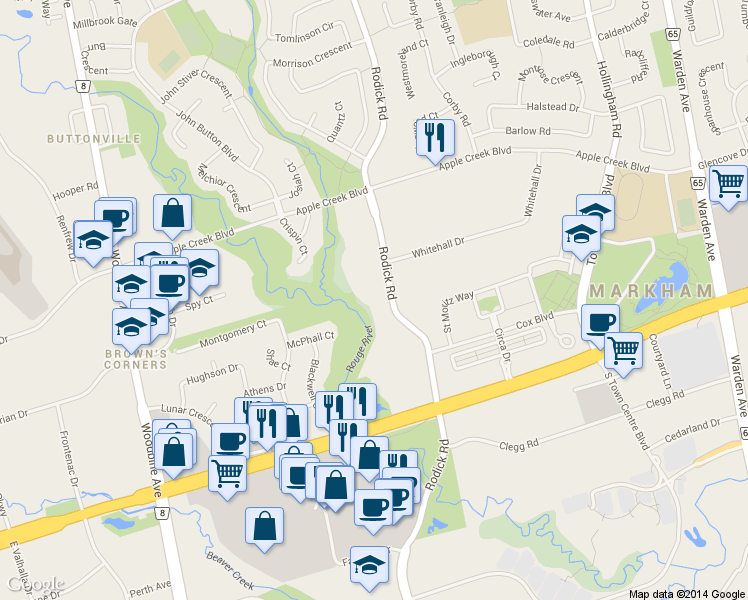 map of restaurants, bars, coffee shops, grocery stores, and more near 1351 Rodick Road in Markham