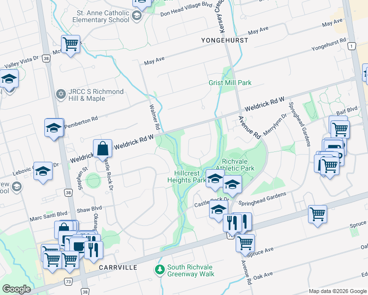 map of restaurants, bars, coffee shops, grocery stores, and more near 62 Greenbelt Crescent in Richmond Hill