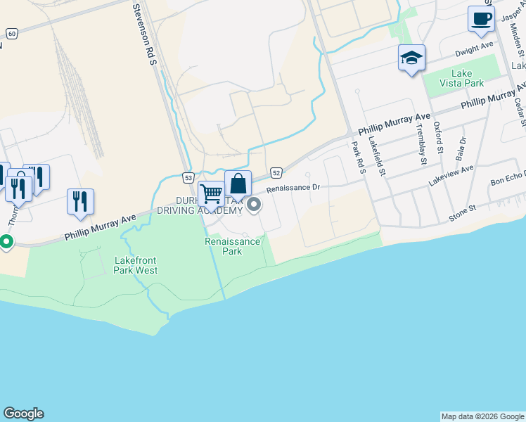 map of restaurants, bars, coffee shops, grocery stores, and more near 1544 Connery Crescent in Oshawa