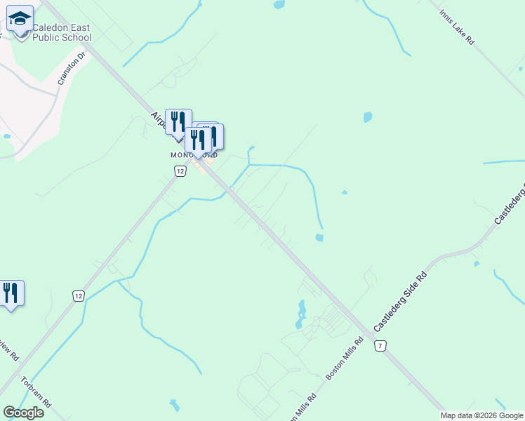 map of restaurants, bars, coffee shops, grocery stores, and more near 15239 Airport Road in Caledon