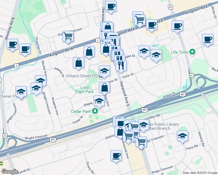 map of restaurants, bars, coffee shops, grocery stores, and more near 24 Mary Street in Ajax