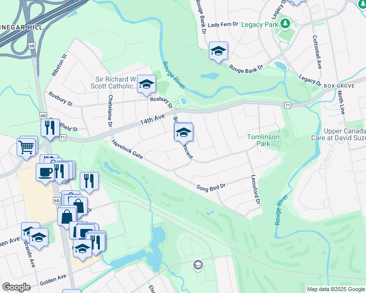 map of restaurants, bars, coffee shops, grocery stores, and more near 30 Boxwood Crescent in Markham