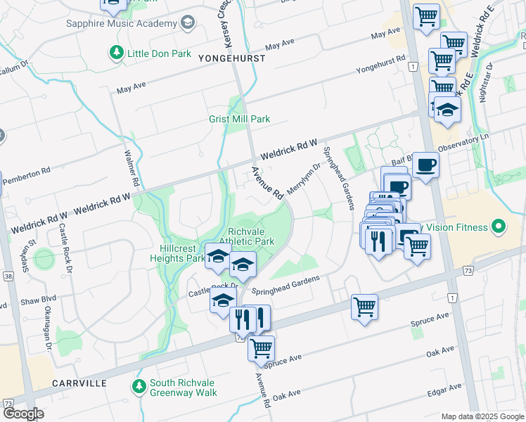 map of restaurants, bars, coffee shops, grocery stores, and more near 21 Leora Court in Richmond Hill
