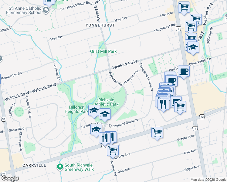 map of restaurants, bars, coffee shops, grocery stores, and more near 21 Leora Court in Richmond Hill