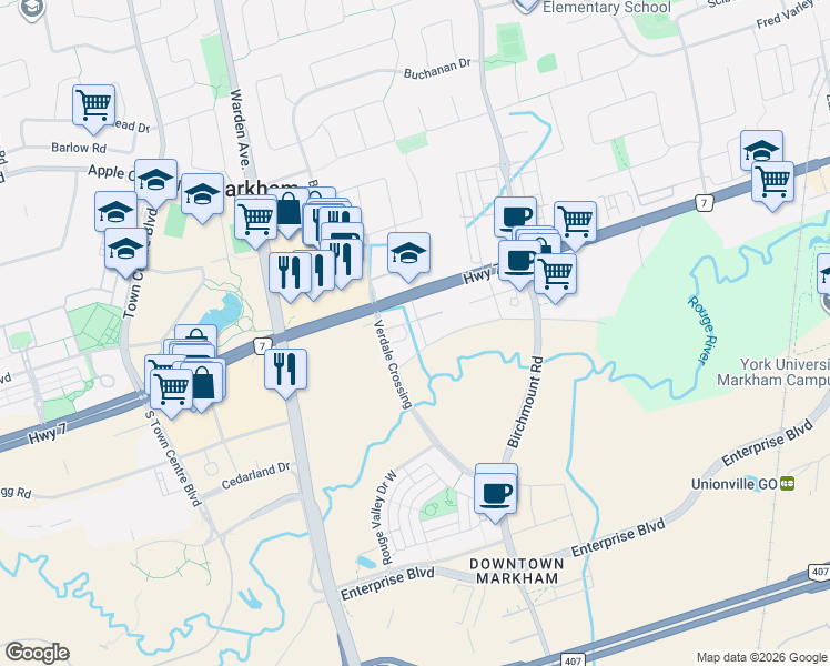 map of restaurants, bars, coffee shops, grocery stores, and more near 18 Water Walk Drive in Markham