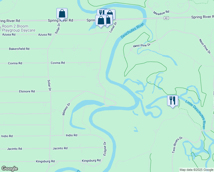 map of restaurants, bars, coffee shops, grocery stores, and more near 56590 Lunar Drive in Bend