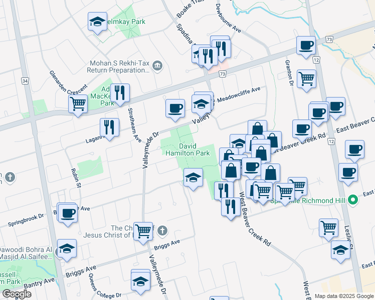 map of restaurants, bars, coffee shops, grocery stores, and more near 311 Valleymede Drive in Richmond Hill