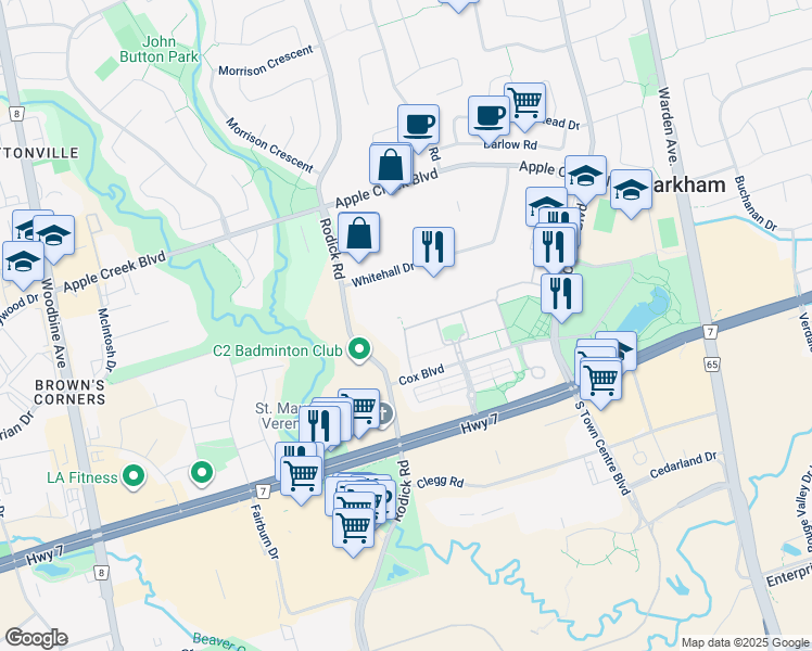 map of restaurants, bars, coffee shops, grocery stores, and more near 12 Saint Moritz Way in Markham