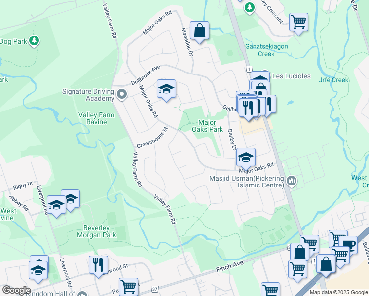map of restaurants, bars, coffee shops, grocery stores, and more near in Pickering