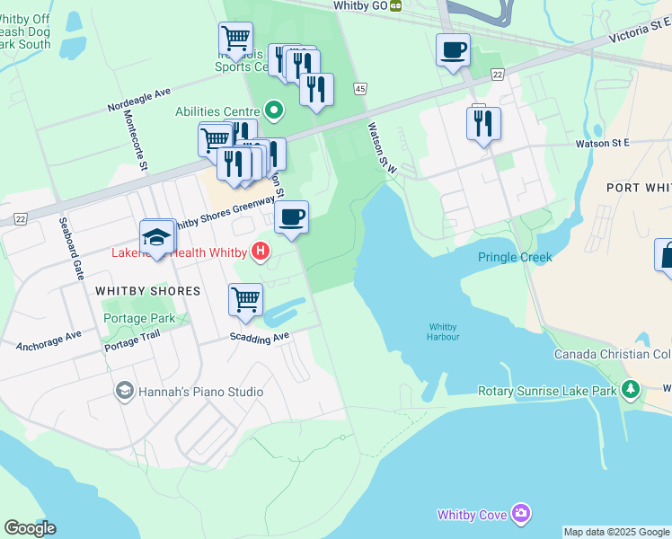 map of restaurants, bars, coffee shops, grocery stores, and more near 650 Gordon Street in Whitby