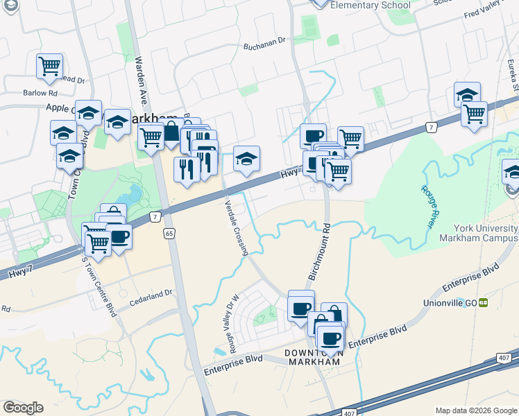 map of restaurants, bars, coffee shops, grocery stores, and more near 5 Water Walk Drive in Markham