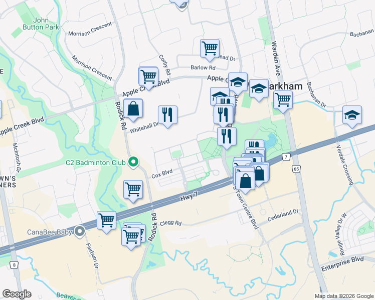 map of restaurants, bars, coffee shops, grocery stores, and more near 1 Alpen Way in Markham