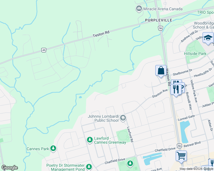 map of restaurants, bars, coffee shops, grocery stores, and more near 270 Greenbrooke Drive in Vaughan