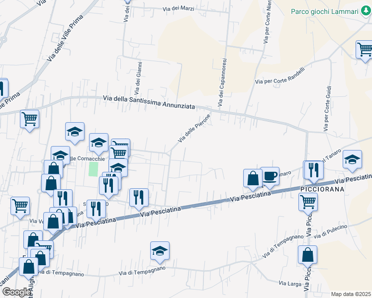 map of restaurants, bars, coffee shops, grocery stores, and more near 201 Via Beppe Fenoglio in Lucca