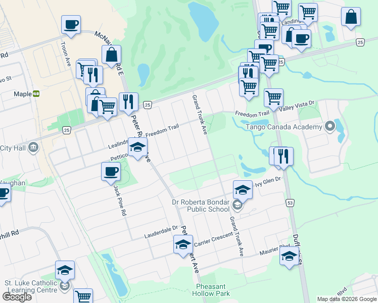 map of restaurants, bars, coffee shops, grocery stores, and more near 265 Oberfrick Avenue in Vaughan