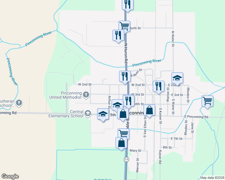 map of restaurants, bars, coffee shops, grocery stores, and more near 300 Arthur Street in Pinconning
