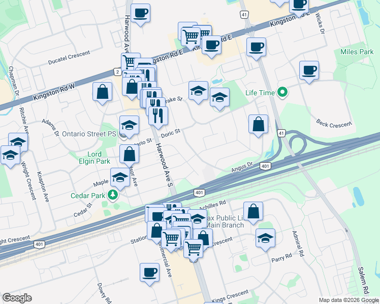 map of restaurants, bars, coffee shops, grocery stores, and more near 26 Angus Drive in Ajax
