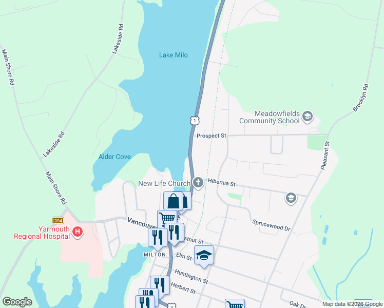 map of restaurants, bars, coffee shops, grocery stores, and more near 691 Main Street in Yarmouth