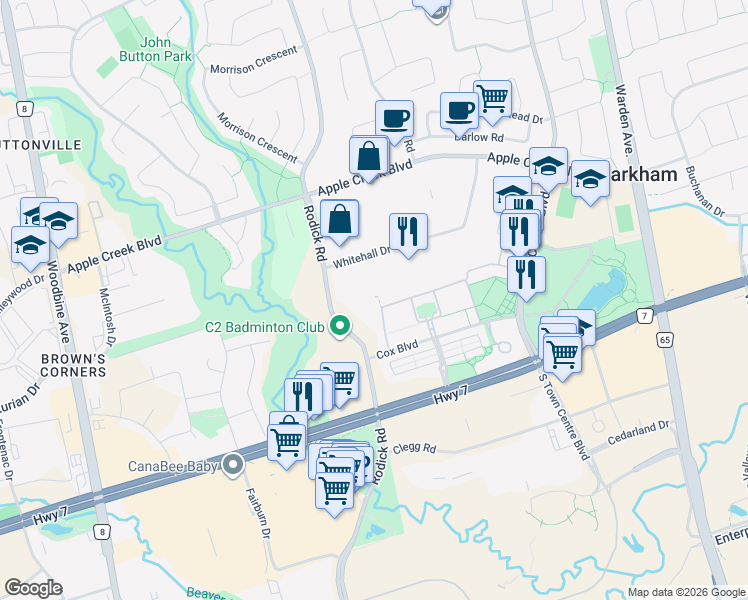 map of restaurants, bars, coffee shops, grocery stores, and more near 10 Saint Moritz Way in Markham