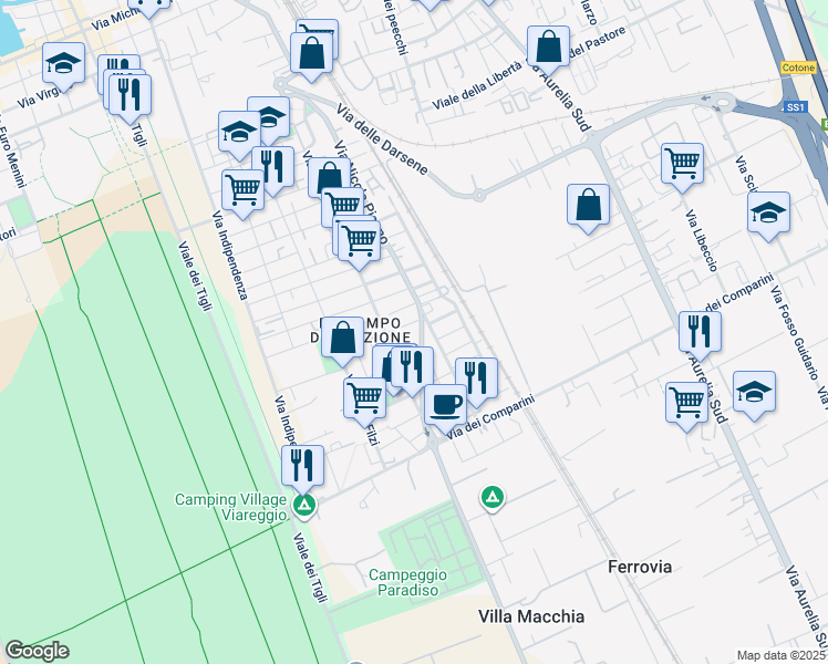 map of restaurants, bars, coffee shops, grocery stores, and more near 93-95 Via dei Lecci in Viareggio