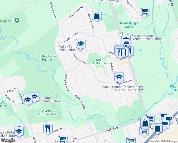 map of restaurants, bars, coffee shops, grocery stores, and more near in Pickering