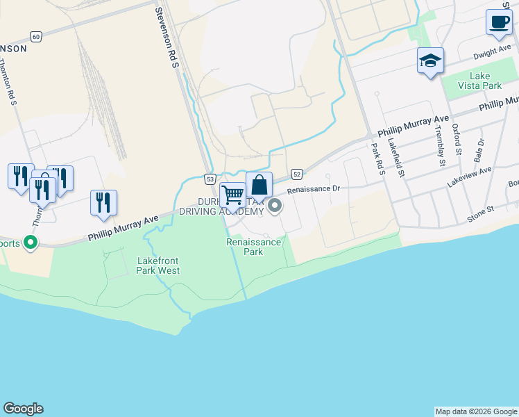 map of restaurants, bars, coffee shops, grocery stores, and more near 1003 Renaissance Drive in Oshawa