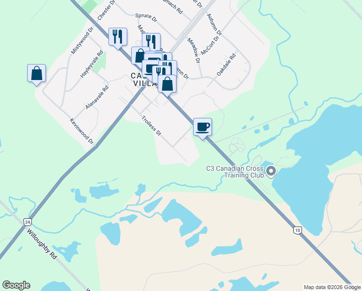 map of restaurants, bars, coffee shops, grocery stores, and more near 17 Travelled Road in Caledon Village