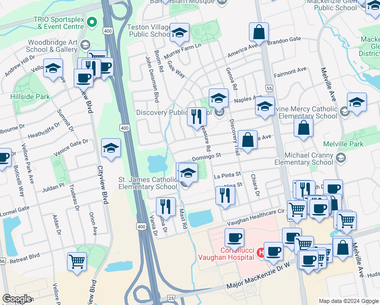 map of restaurants, bars, coffee shops, grocery stores, and more near 197 Tierra Avenue in Vaughan