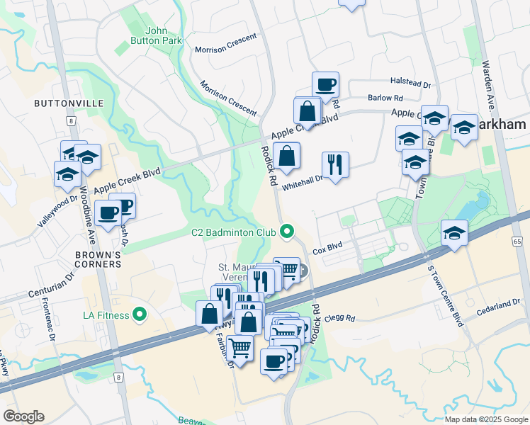 map of restaurants, bars, coffee shops, grocery stores, and more near in Markham