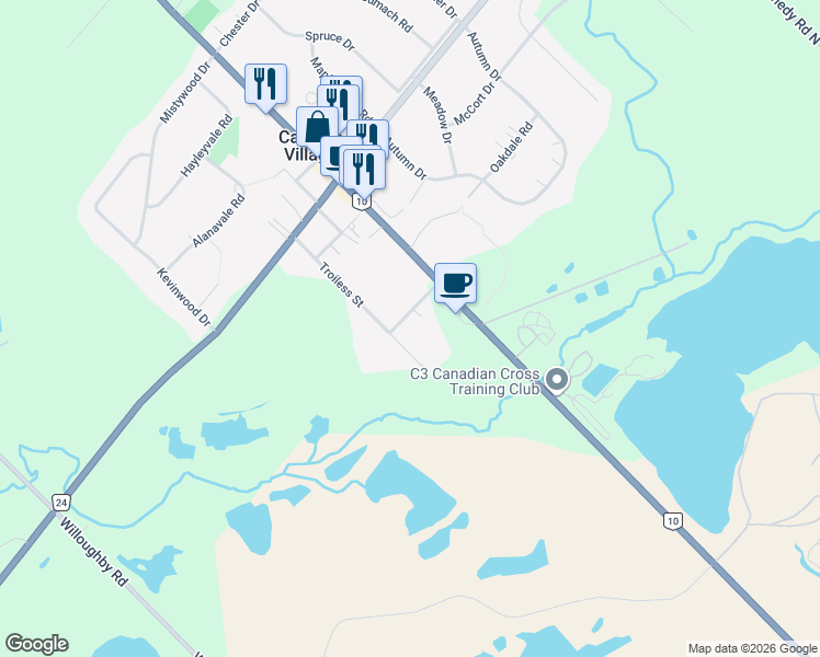map of restaurants, bars, coffee shops, grocery stores, and more near 26 Troiless Street in Caledon