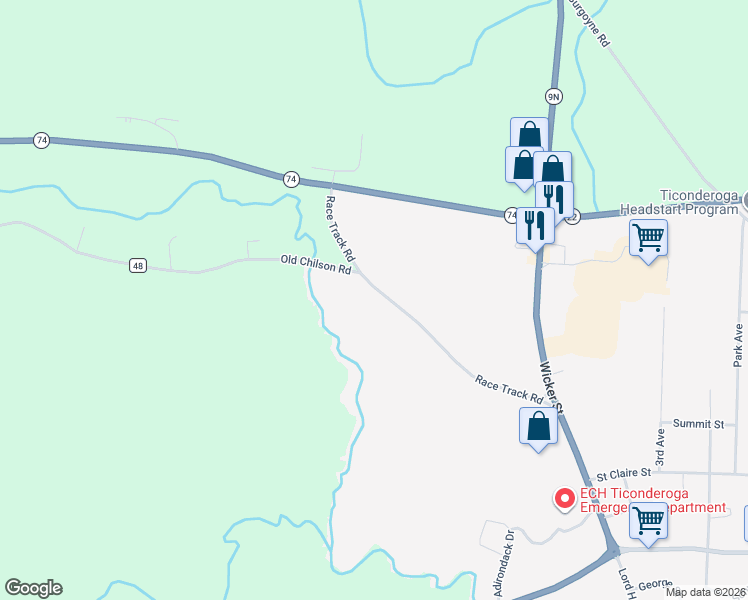 map of restaurants, bars, coffee shops, grocery stores, and more near Race Track Road in Ticonderoga