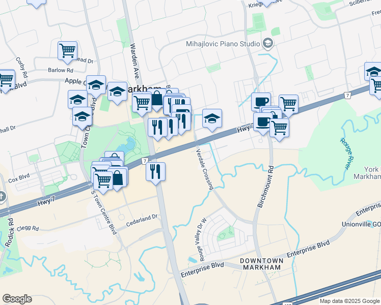 map of restaurants, bars, coffee shops, grocery stores, and more near 3825 Highway 7 in Markham