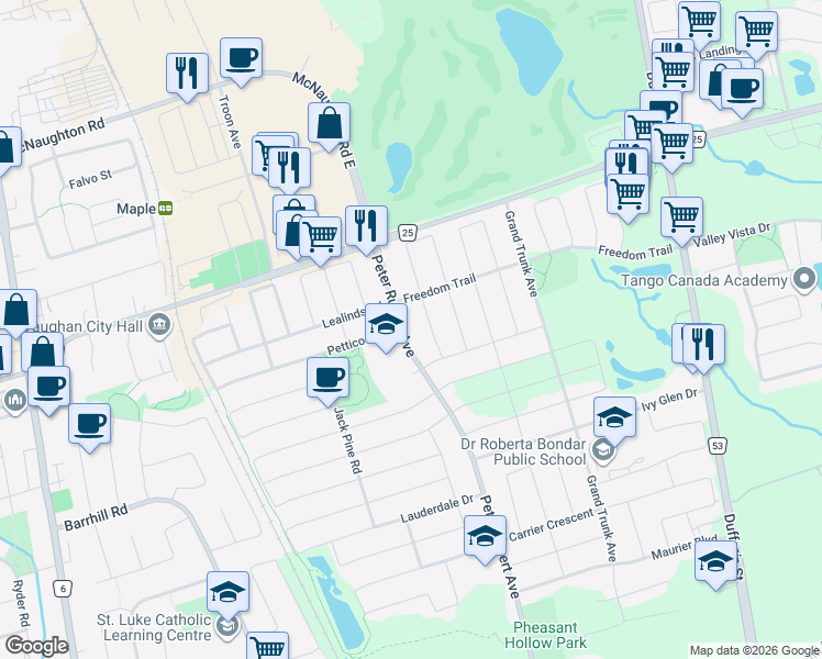 map of restaurants, bars, coffee shops, grocery stores, and more near 585 Peter Rupert Avenue in Vaughan