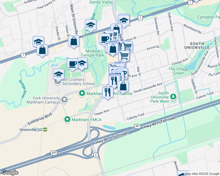 map of restaurants, bars, coffee shops, grocery stores, and more near 8321 Kennedy Road in Markham