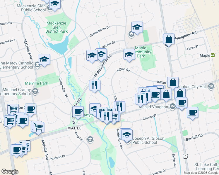 map of restaurants, bars, coffee shops, grocery stores, and more near 16 Granger Street in Vaughan