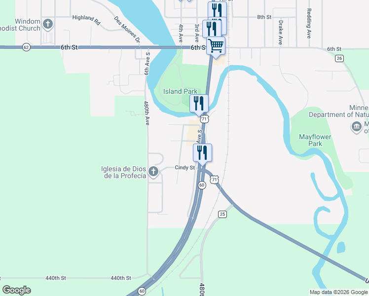 map of restaurants, bars, coffee shops, grocery stores, and more near 252 Buckwheat Avenue in Windom